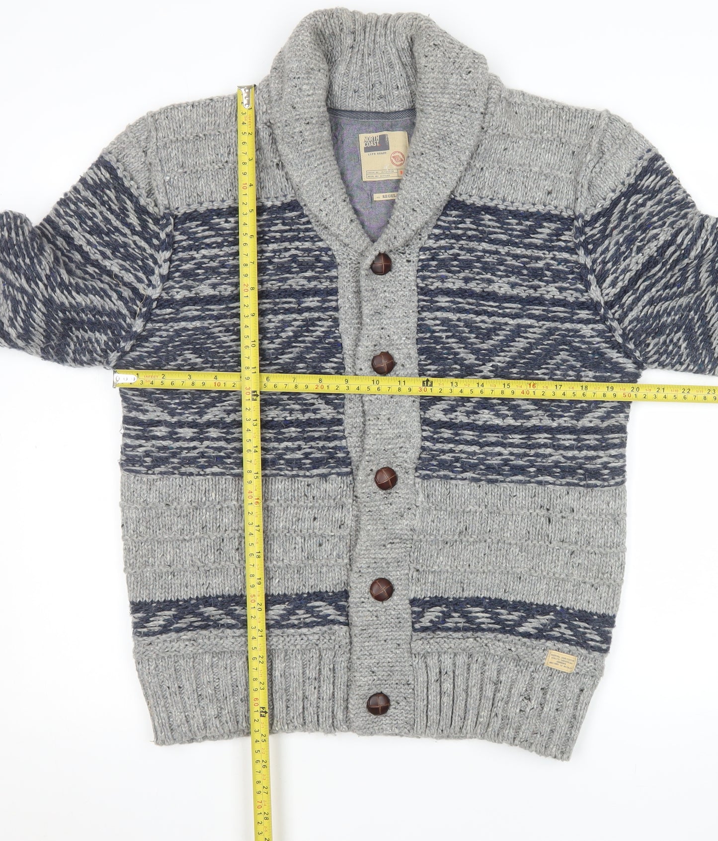 Marks and Spencer Men Grey Fair Isle Wool Blend Button Lounge Cardigan M