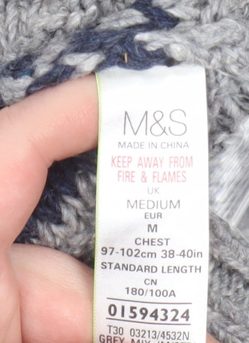 Marks and Spencer Men Grey Fair Isle Wool Blend Button Lounge Cardigan M