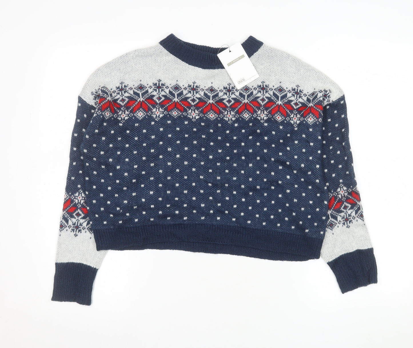 ASOS Womens Blue Fair Isle Knit Jumper UK 10 Crew Neck Winter