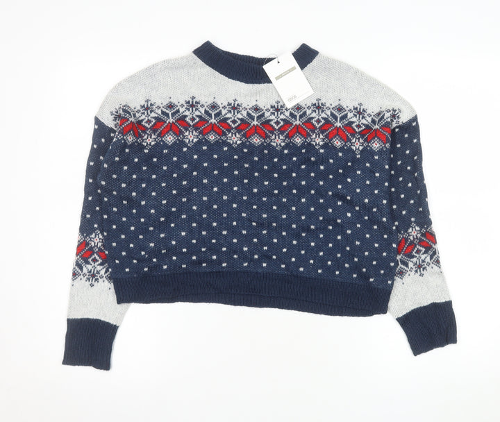 ASOS Womens Blue Fair Isle Knit Jumper UK 10 Crew Neck Winter
