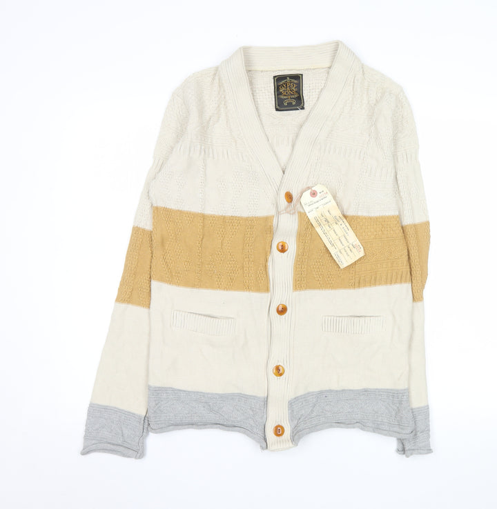 Gypsy & Sons Men’s Beige Cable-Knit Cotton Cardigan Large