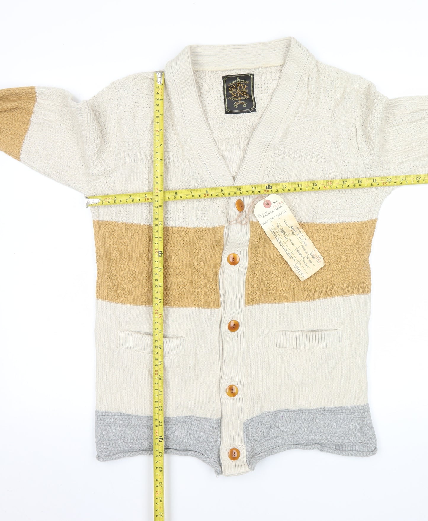 Gypsy & Sons Men’s Beige Cable-Knit Cotton Cardigan Large