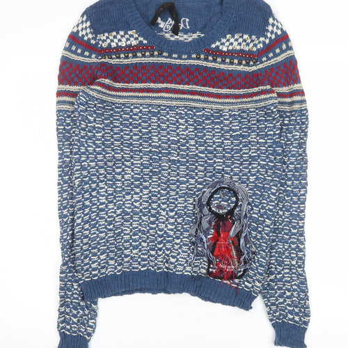 Desigual Women's Blue Fair Isle Cotton Jumper Size 8 Crew Neck Knit