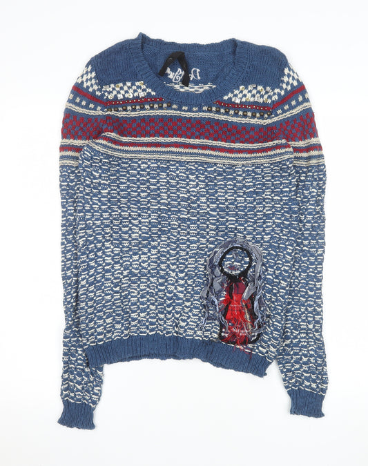 Desigual Women's Blue Fair Isle Cotton Jumper Size 8 Crew Neck Knit