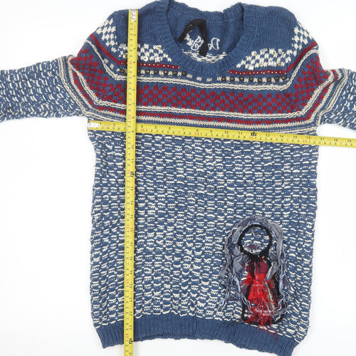 Desigual Women's Blue Fair Isle Cotton Jumper Size 8 Crew Neck Knit