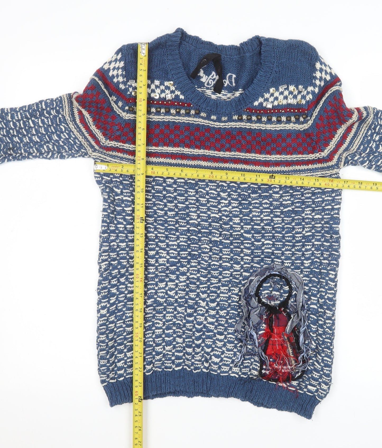 Desigual Women's Blue Fair Isle Cotton Jumper Size 8 Crew Neck Knit