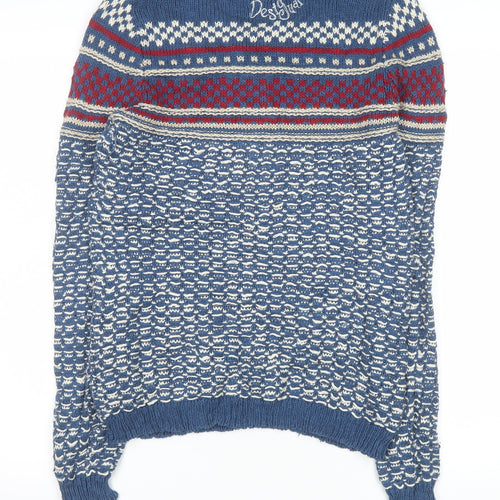 Desigual Women's Blue Fair Isle Cotton Jumper Size 8 Crew Neck Knit