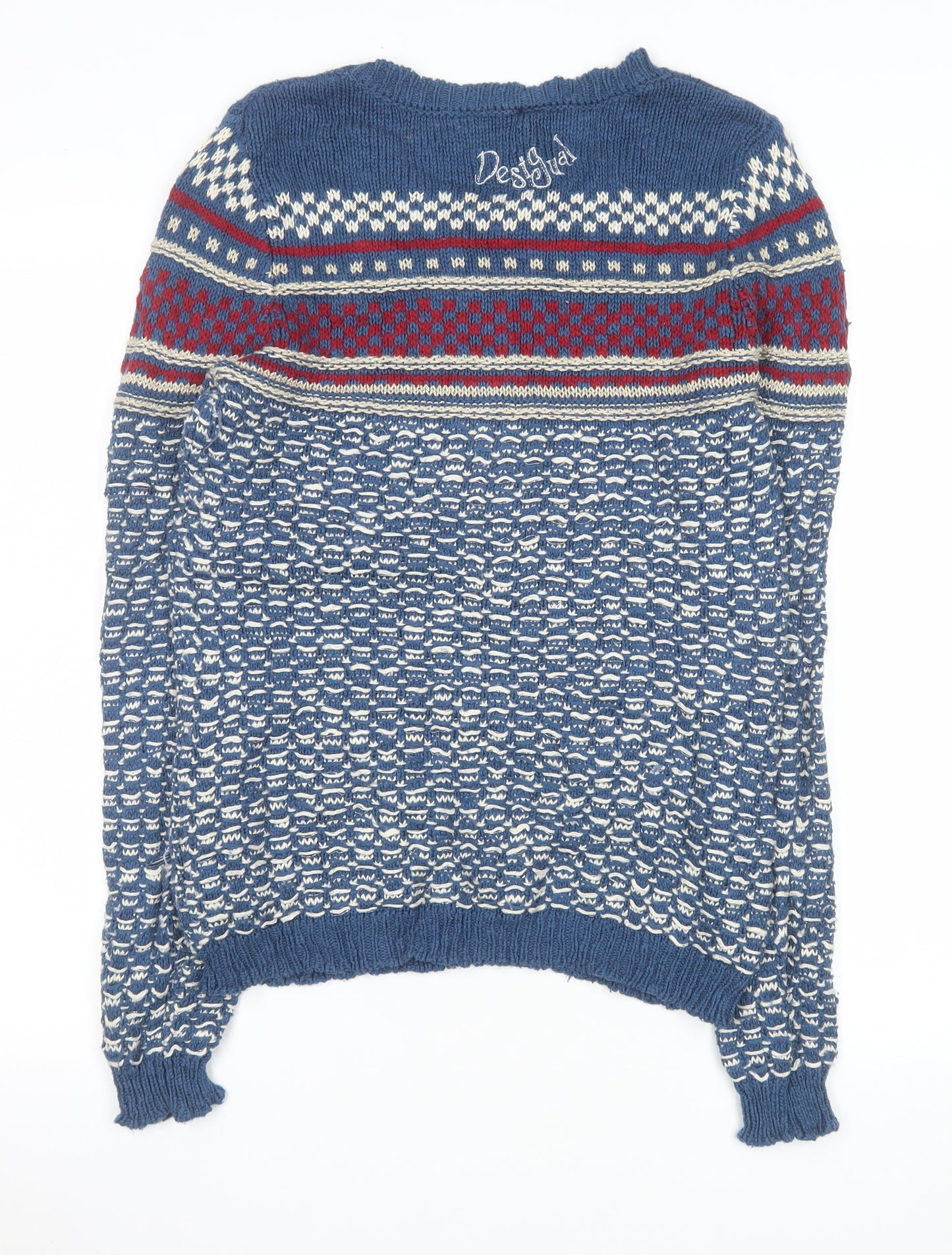 Desigual Women's Blue Fair Isle Cotton Jumper Size 8 Crew Neck Knit