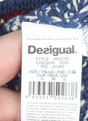 Desigual Women's Blue Fair Isle Cotton Jumper Size 8 Crew Neck Knit
