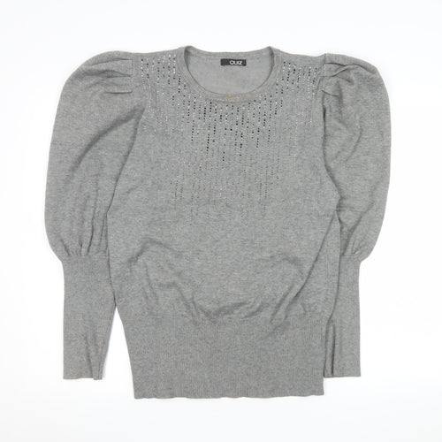 Quiz Womens Grey Sequin Puff Sleeve Pullover Jumper Size L