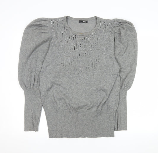 Quiz Womens Grey Sequin Puff Sleeve Pullover Jumper Size L