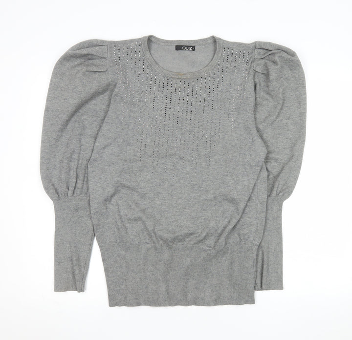 Quiz Womens Grey Sequin Puff Sleeve Pullover Jumper Size L
