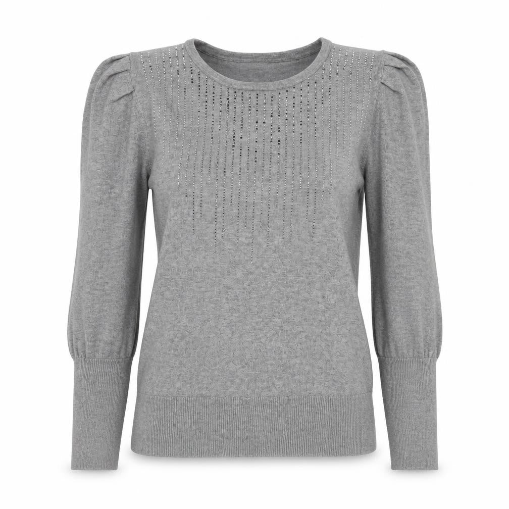 Front view of Quiz women’s grey sequin puff sleeve jumper, size L