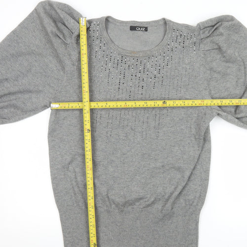 Quiz Womens Grey Sequin Puff Sleeve Pullover Jumper Size L