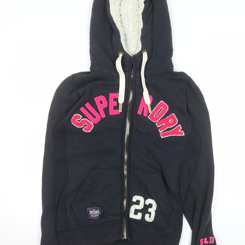 Superdry Womens Black Fleece Hooded Jacket Size S Lined Zip Style