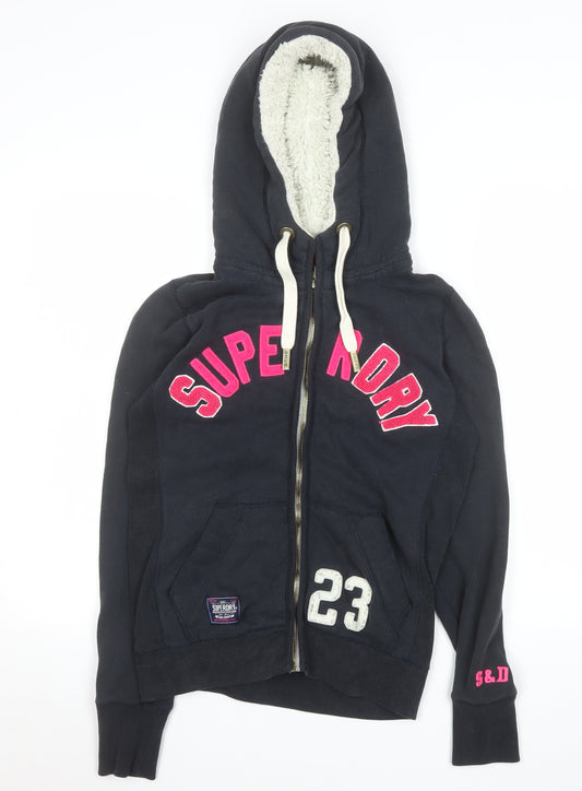 Superdry Womens Black Fleece Hooded Jacket Size S Lined Zip Style