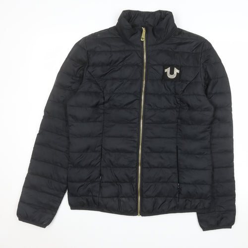 True Religion Womens Black Puffer Jacket Size L Quilted Zip-Up
