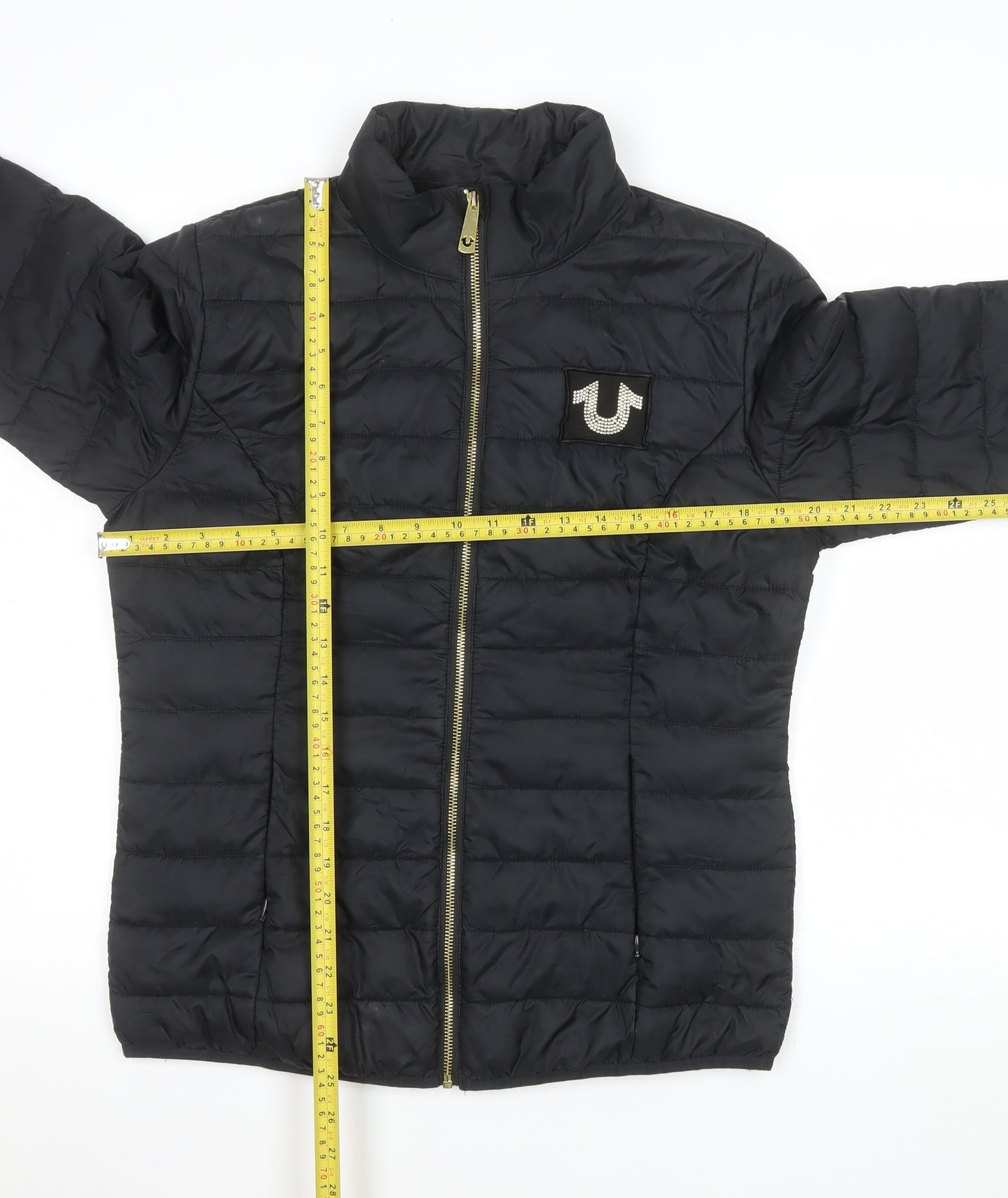 True Religion Womens Black Puffer Jacket Size L Quilted Zip-Up