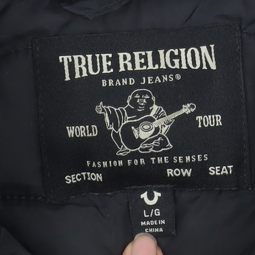 True Religion Womens Black Puffer Jacket Size L Quilted Zip-Up