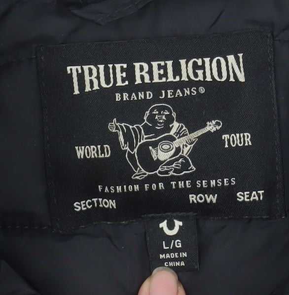 True Religion Womens Black Puffer Jacket Size L Quilted Zip-Up
