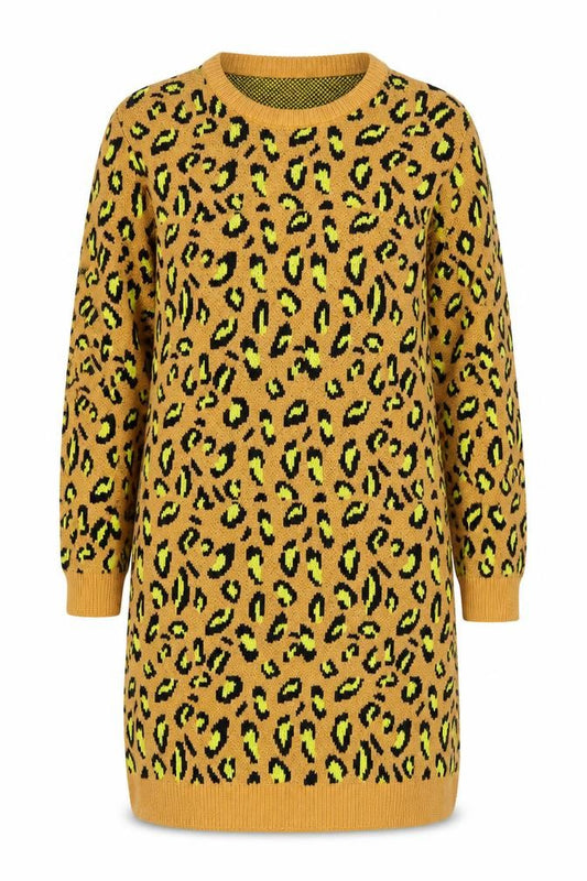Front view of Brave Soul Women’s Brown Leopard Print Long Sleeve Jumper Dress, size UK 18