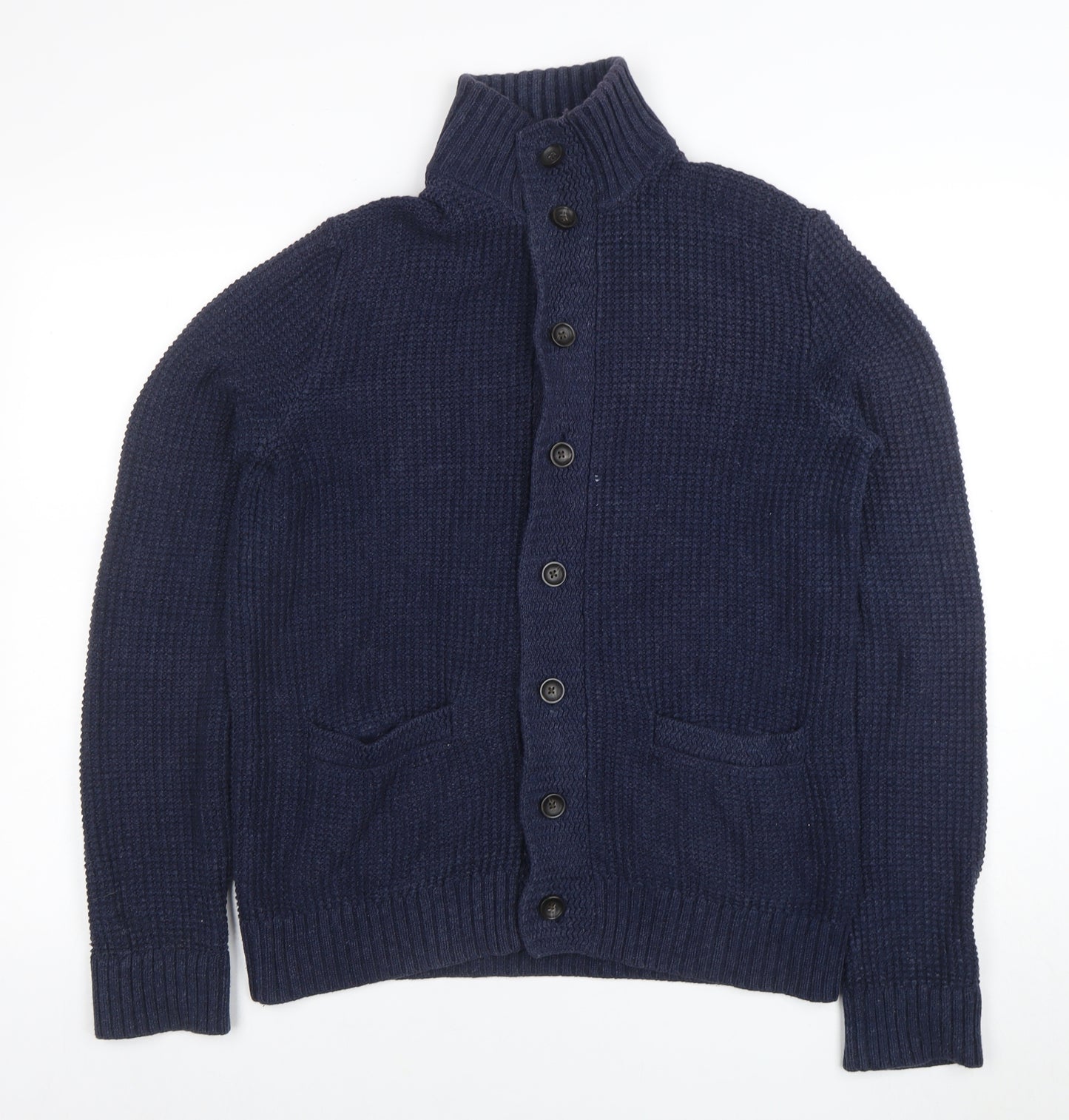 Gap Men’s Blue Cotton Chunky Knit Cardigan M High Neck Button Up