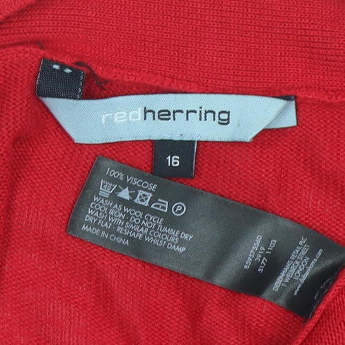 Red Herring Women’s Red Viscose Open Knit Short Sleeve Cardigan Size 16