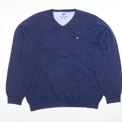 Fynch-Hatton Men's Blue Cotton V-Neck Jumper Size L