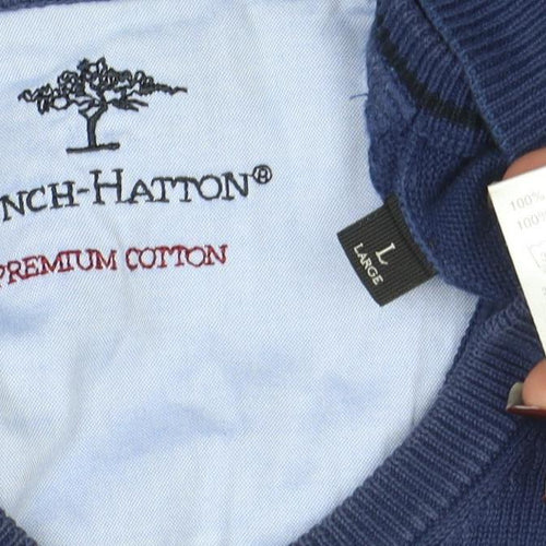 Fynch-Hatton Men's Blue Cotton V-Neck Jumper Size L