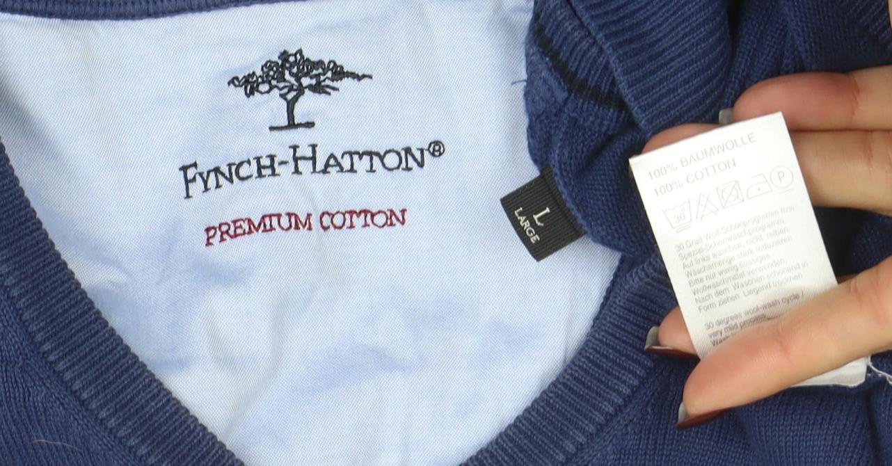 Fynch-Hatton Men's Blue Cotton V-Neck Jumper Size L
