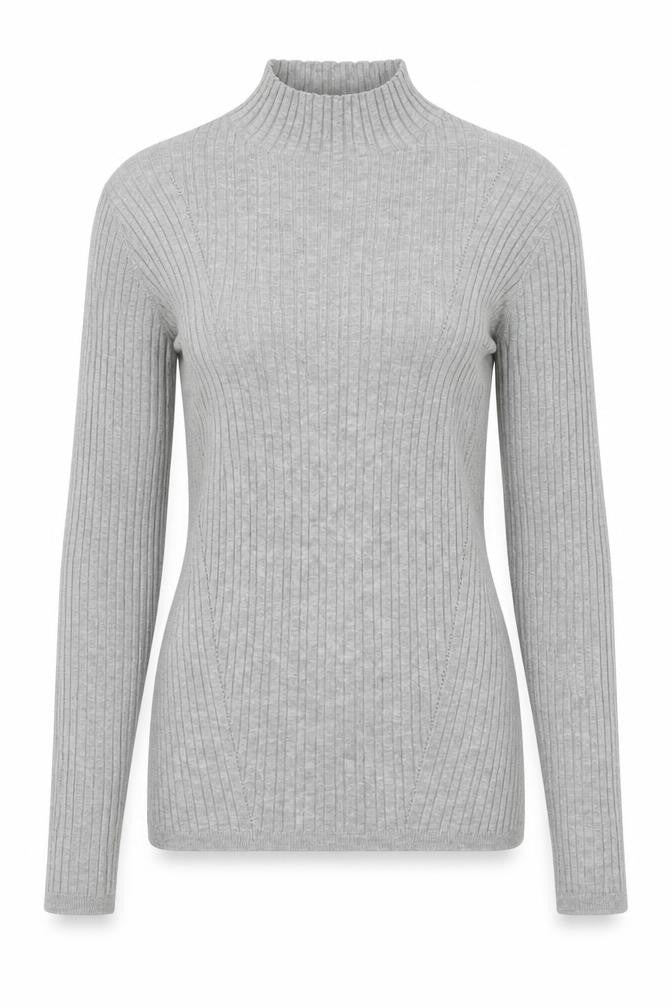 Front view of NOOSNOW women’s grey wool blend mock neck ribbed jumper, size S