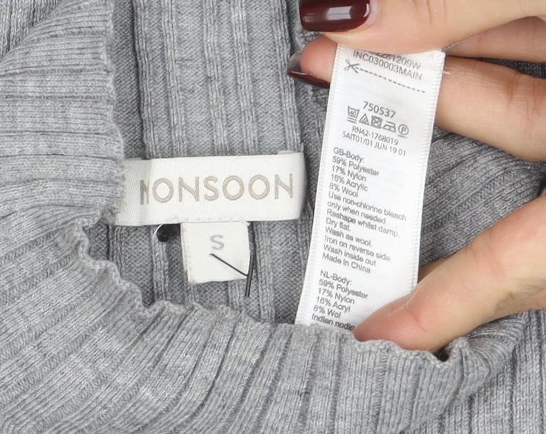 NOOSNOW Womens Grey Wool Blend Mock Neck Ribbed Jumper Size S