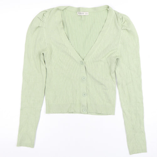 Stradivarius Women's Green V-Neck Puff Sleeve Cardigan Size 12