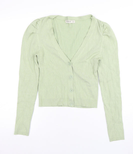 Stradivarius Women's Green V-Neck Puff Sleeve Cardigan Size 12
