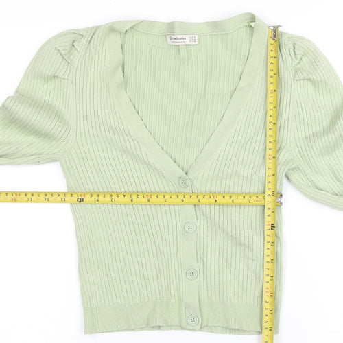 Stradivarius Women's Green V-Neck Puff Sleeve Cardigan Size 12