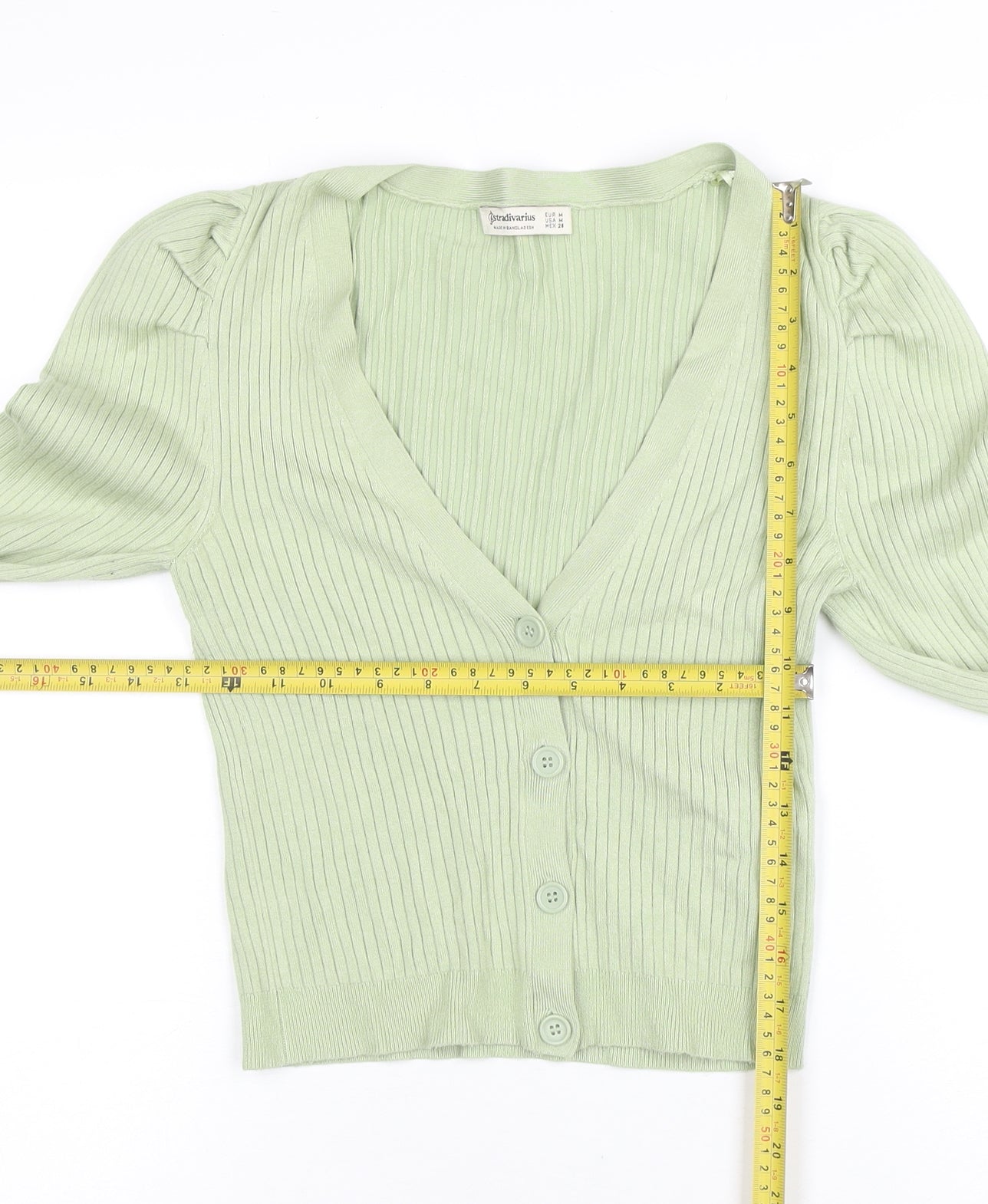 Stradivarius Women's Green V-Neck Puff Sleeve Cardigan Size 12
