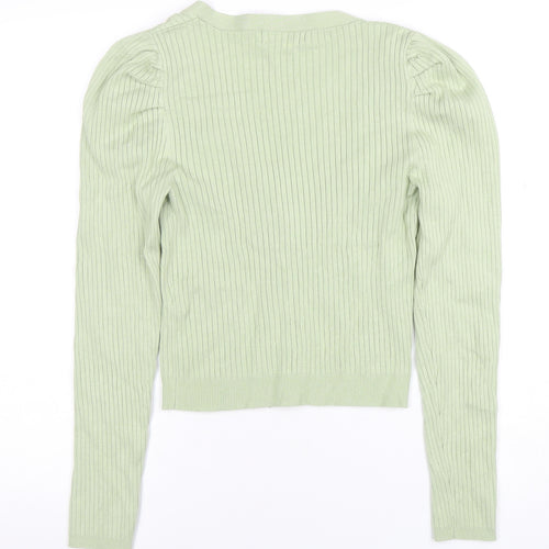 Stradivarius Women's Green V-Neck Puff Sleeve Cardigan Size 12