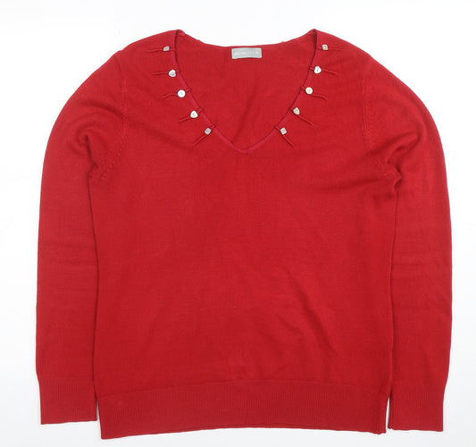 Marks and Spencer Per Una Red V-Neck Button Detail Women's Size 16 Jumper