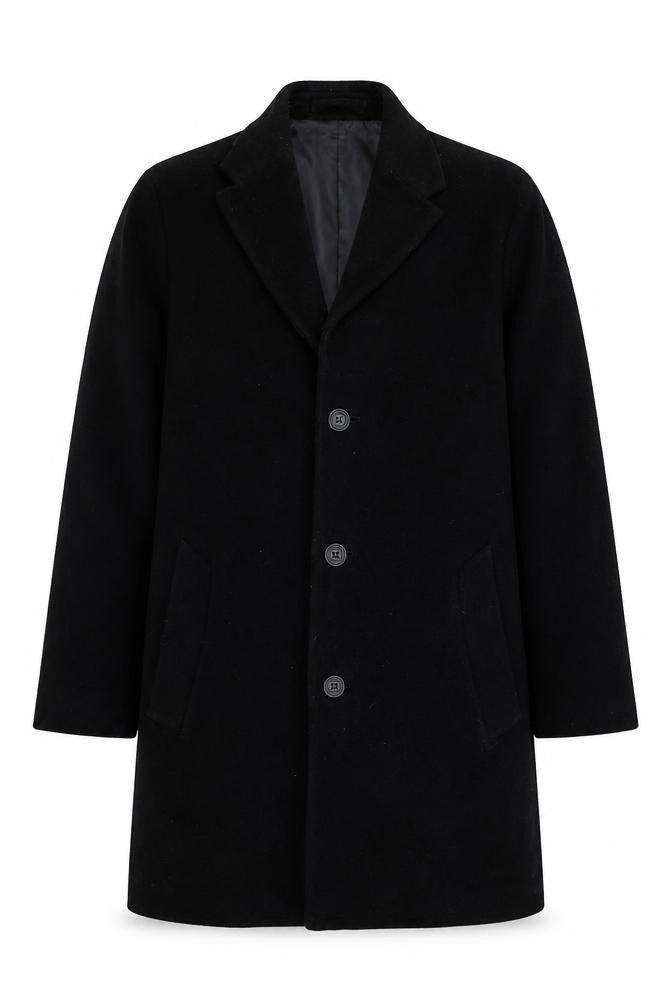 Front view of Thomas Nash Men's Black Wool Blend Overcoat, size S, Classic Winter Style