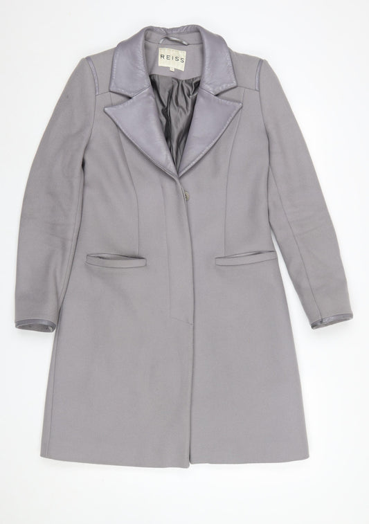 Reiss Women Grey Wool Leather Trim Long Overcoat Size S