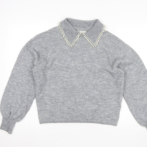 H&M Women Grey Beaded Collar Knit Jumper Size S