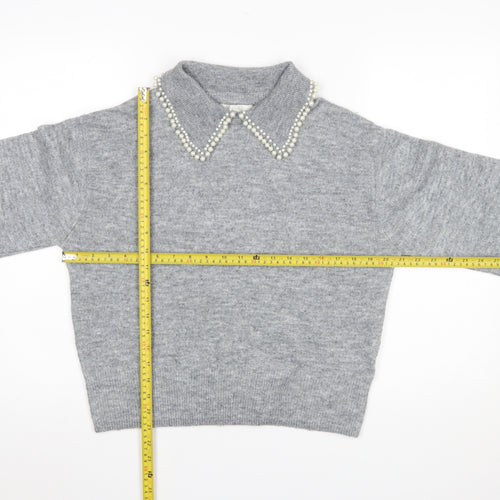 H&M Women Grey Beaded Collar Knit Jumper Size S