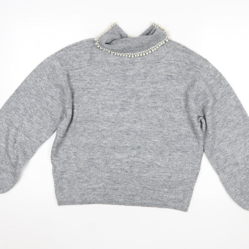 H&M Women Grey Beaded Collar Knit Jumper Size S