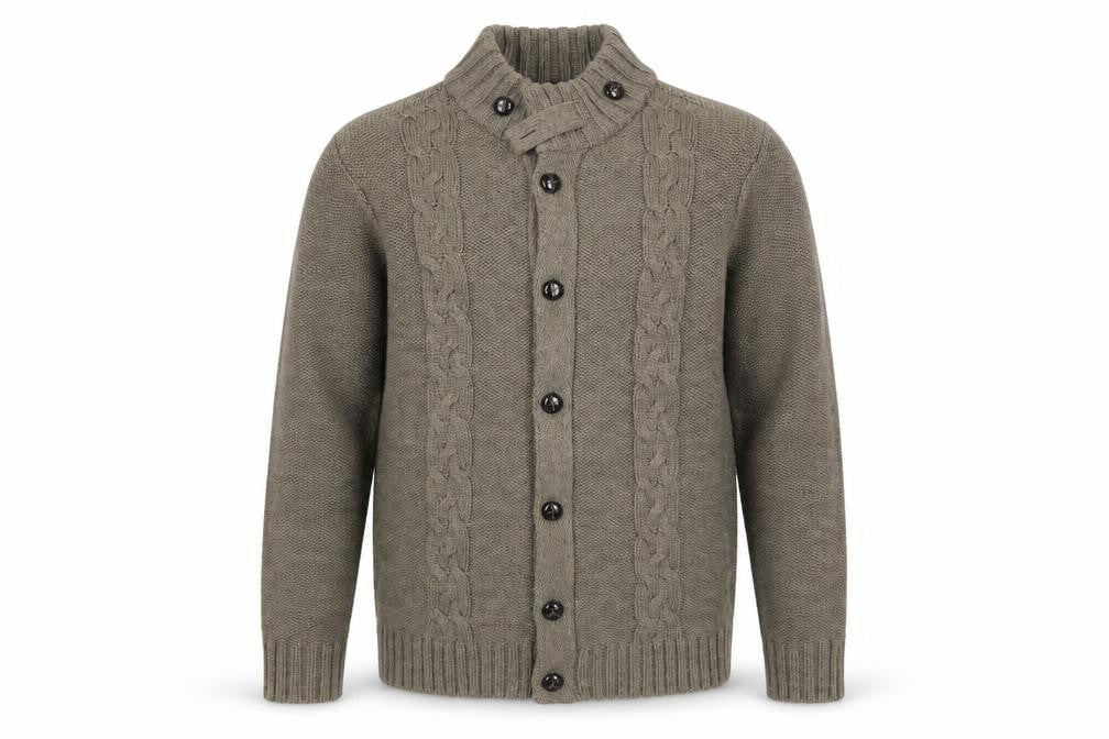 Front view of Next Men’s Grey Cable Knit High Neck Button Cardigan L