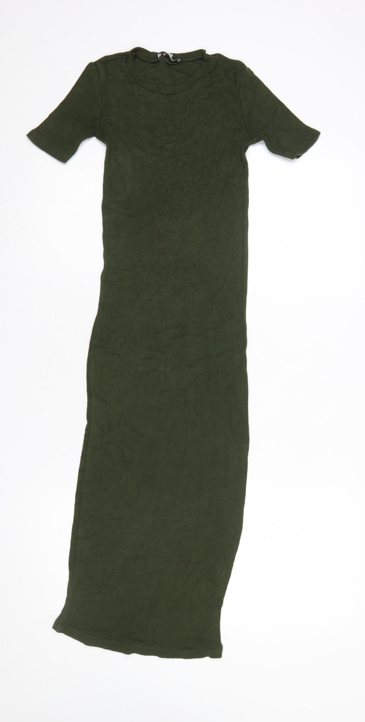 Zara Women Green Long T-Shirt Dress Size S Casual Jersey Stretch