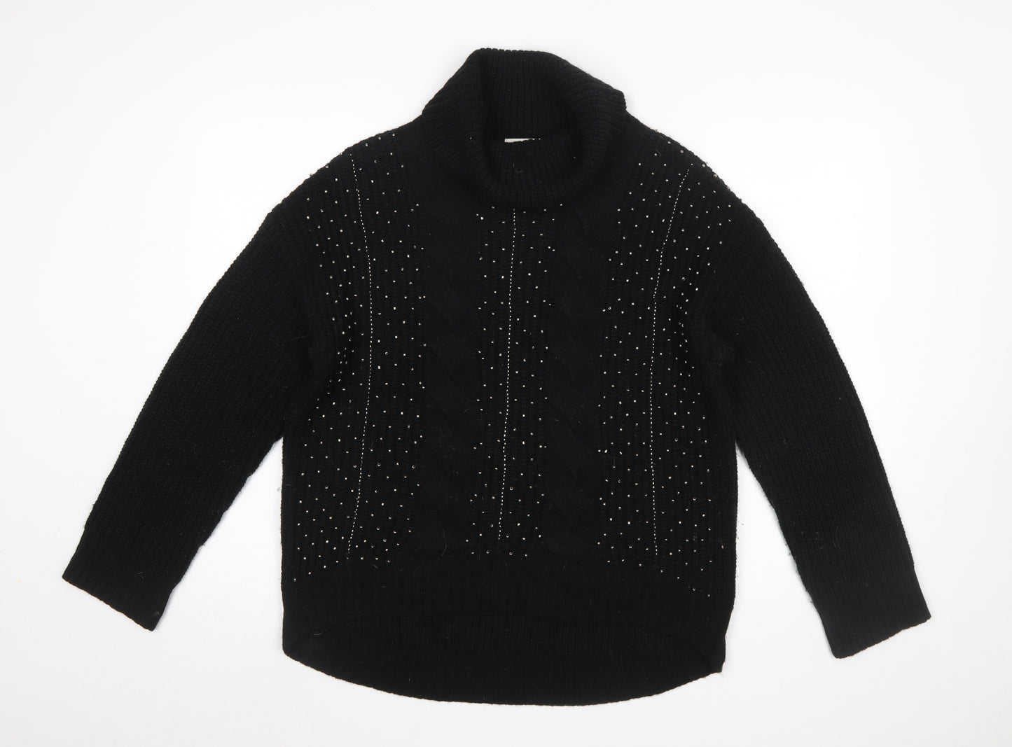 Marks and Spencer Women Black Roll Neck Cable-Knit Jumper Size 14
