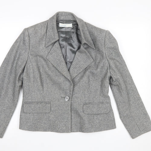 Minosa Women’s Grey Wool Blend Herringbone Petite Blazer Size 14