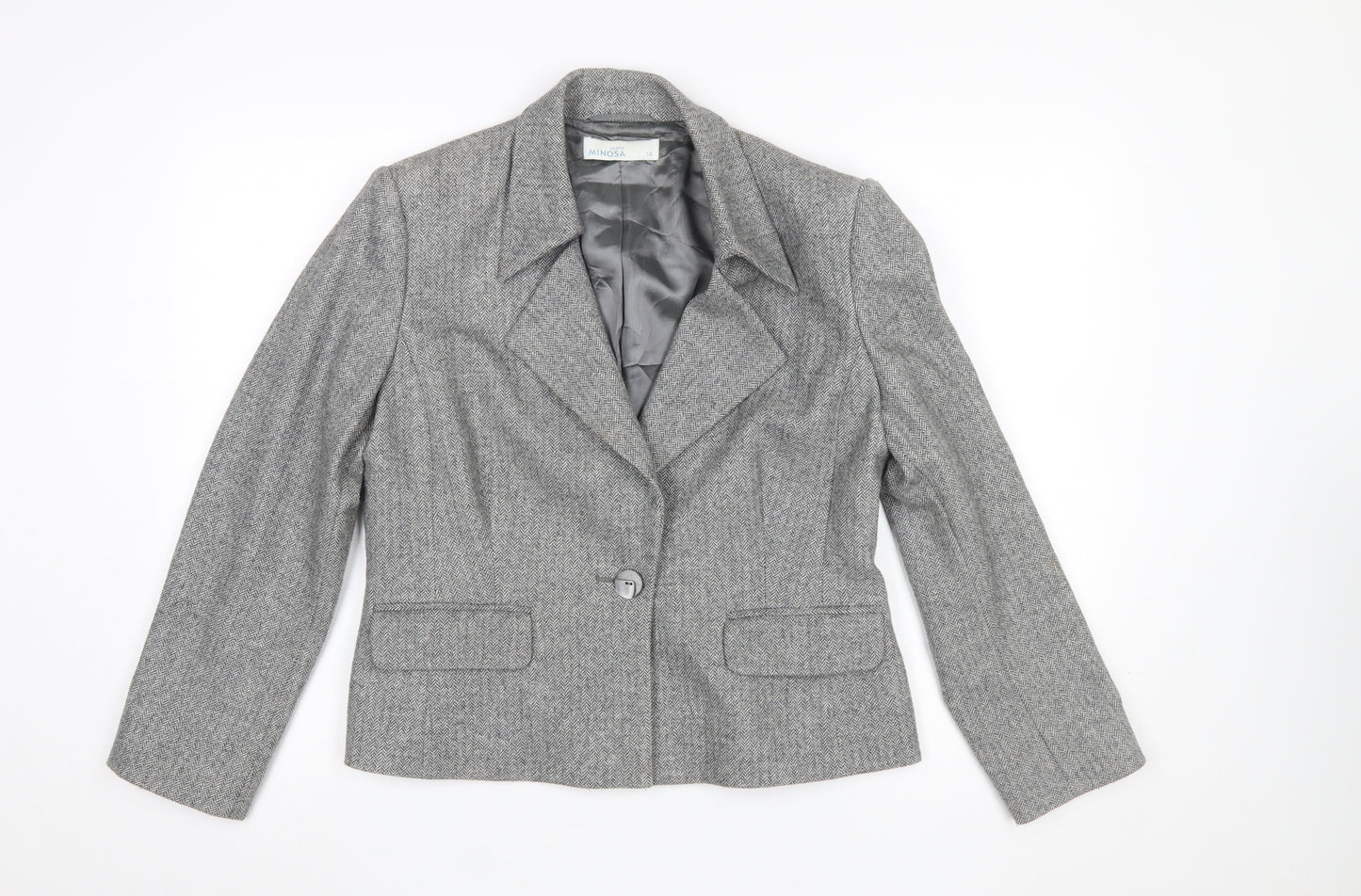 Minosa Women’s Grey Wool Blend Herringbone Petite Blazer Size 14