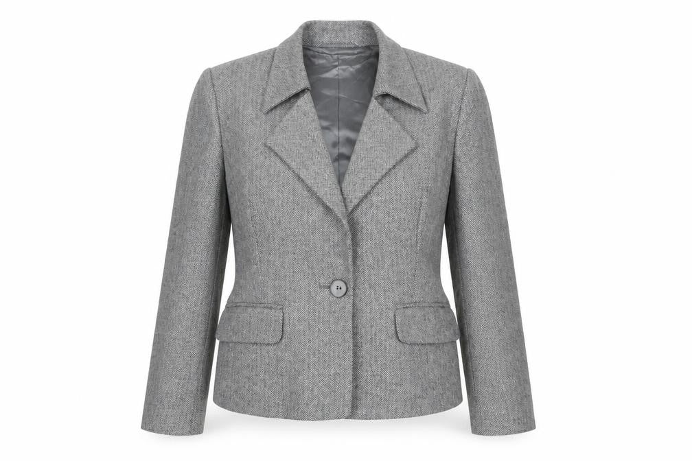 Front view of Minosa Women’s Grey Wool Blend Herringbone Petite Blazer, size UK 14