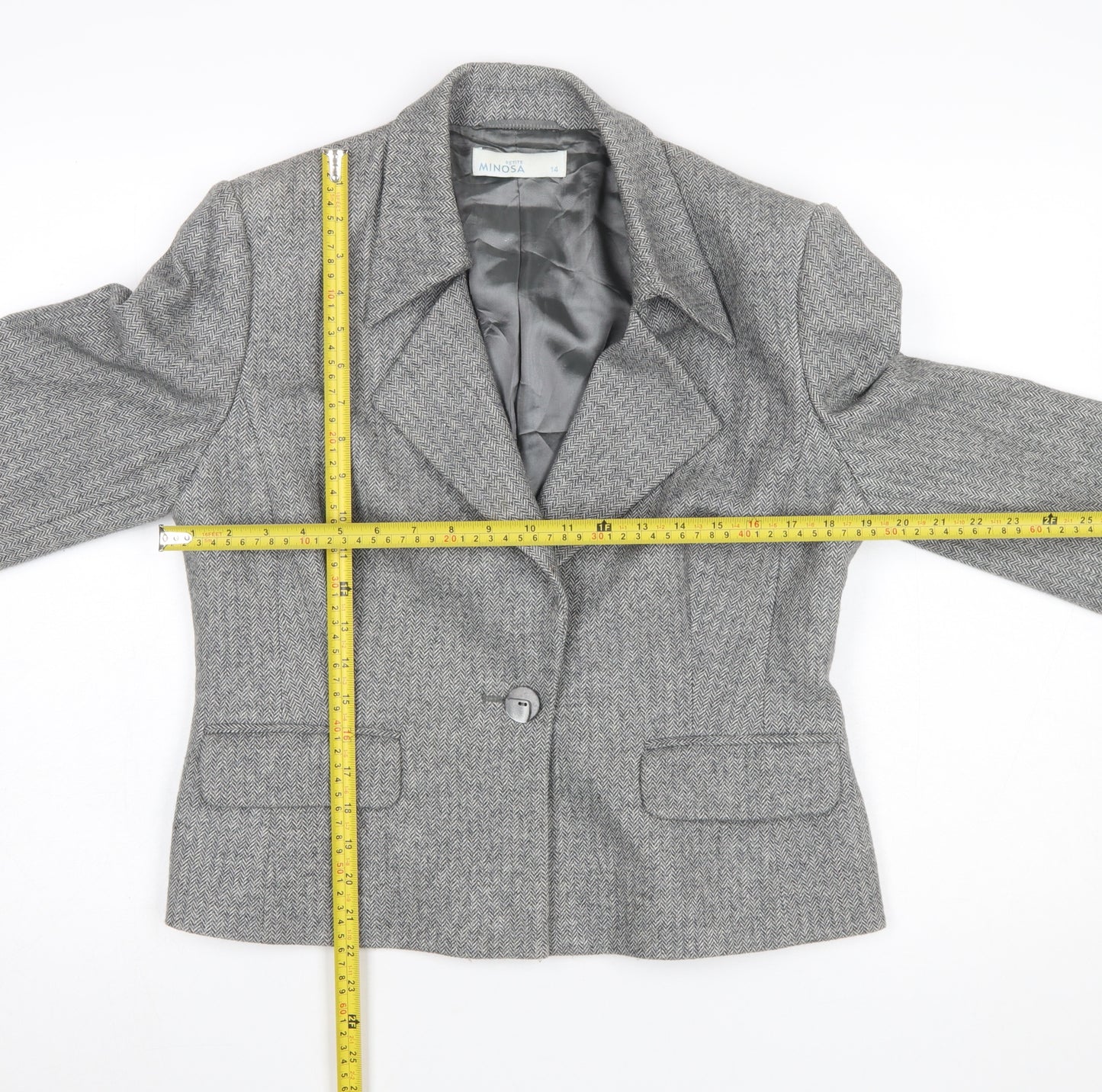 Minosa Women’s Grey Wool Blend Herringbone Petite Blazer Size 14